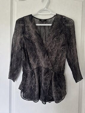 Babaton Aritzia Silk Snakeskin Sheer Alexander Wrap Peplum Blouse Goth Boho Chic